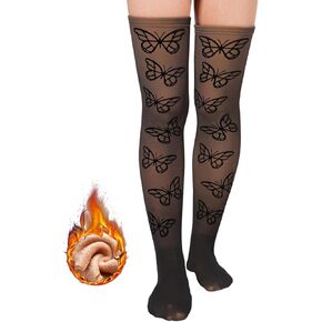 Fleece Lined Thigh High Socks Women Fake Translucent Flocked Warm Plush Thigh Highs Sheer Thick Over Knee Socks Leg Warmers