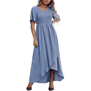 فستان Zattcas للسيدات 2023 طويل الأكمام بأكمام قصيرة ورقبة على شكل V كاجوال للصيف عالي ومنخفض فستان طويل متدفق in Kuwait