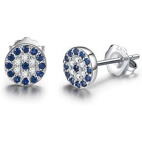 Round Blue Evil Eye Stud Earrings Sterling Silver 925 Eardrop Cubic Zirconia Gemstone Charms 6x6mm