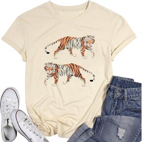 Tiger Shirt Women Vintage Animal Graphic T-Shirt Casual Short Sleeve Crewneck Tee Summer Loose Fit Tops