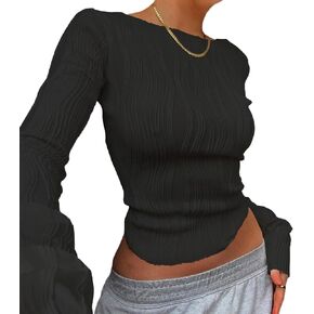 KMBANGI Women Sexy Slim Crop Shirt Long Sleeve Crewneck Fitted Tshirts Top Knit Cropped Tee Blouse Retro Streetwear in Saudi Arabia