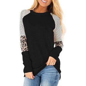 Leopard Print Tops for Women Long Sleeve Crew Neck Patchwork T Shirt Blouse