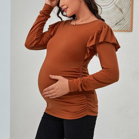 جينكانا قمصان الأمومة كم طويل عادية مزركش الكشكشة الكتف Bodycon الحمل بلايز التي شيرت تونك لارتداء اليومي in Kuwait