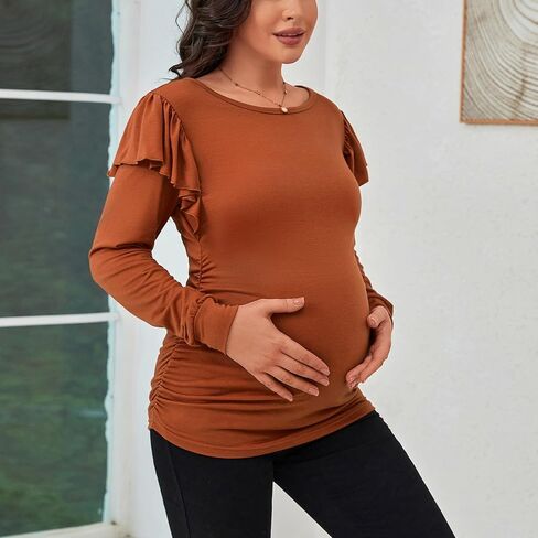 جينكانا قمصان الأمومة كم طويل عادية مزركش الكشكشة الكتف Bodycon الحمل بلايز التي شيرت تونك لارتداء اليومي in Kuwait