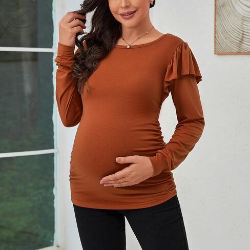 جينكانا قمصان الأمومة كم طويل عادية مزركش الكشكشة الكتف Bodycon الحمل بلايز التي شيرت تونك لارتداء اليومي in Kuwait