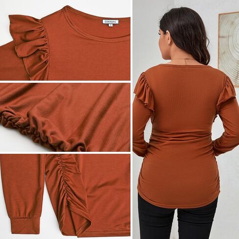 جينكانا قمصان الأمومة كم طويل عادية مزركش الكشكشة الكتف Bodycon الحمل بلايز التي شيرت تونك لارتداء اليومي in Kuwait