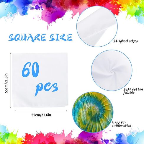 60 قطعة من باندانا بيضاء لصبغ التعادل، باندانا بلون سادة يمكنك صنعها بنفسك مناديل قطنية فارغة مناديل عادية متعددة الأغراض لتصميمات صبغ التعادل، والحرف اليدوية، والرسم، والمشروعات الفنية (22 × 22) in Kuwait