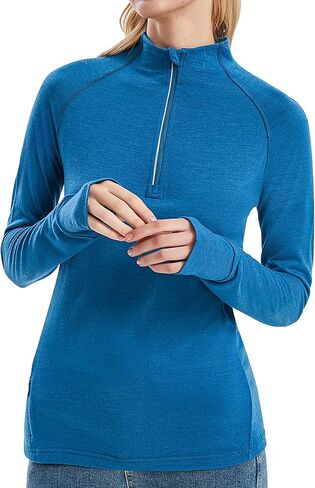 Womens 100% Merino Wool Base Layer Top 220 Midweight Zip Neck Tops for Ski in Kuwait