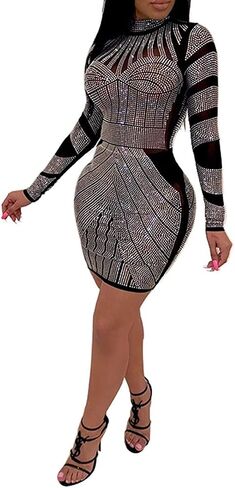 Women Long Sleeve Birthday Dresses Sexy hot Diamond Process Sexy Dress Party Club Night Dress… in Kuwait