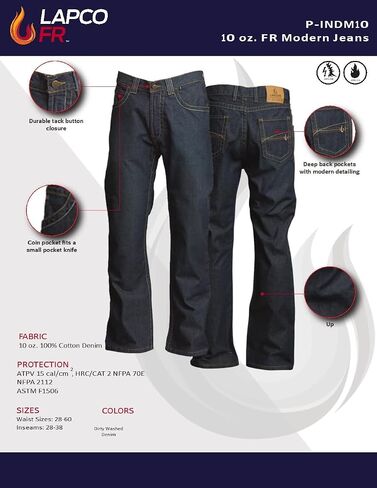 LAPCO FR Modern Jeans for Men, Flame Retardant Work Pants, Relaxed Fit, Low-Rise, Bootcut, Washed Denim, P-INDM44 in Kuwait