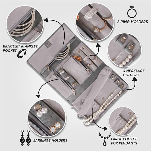 حافظة مجوهرات للسفر من جلد سافيانو من CASE ELEGANCE | حقيبة تخزين مجوهرات السفر متعددة الاستخدامات | منظم مجوهرات مدمج وأنيق | صندوق مجوهرات السفر مثالي للقلائد والأقراط والخواتم in Kuwait