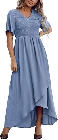 فستان Zattcas للسيدات 2023 طويل الأكمام بأكمام قصيرة ورقبة على شكل V كاجوال للصيف عالي ومنخفض فستان طويل متدفق in Kuwait