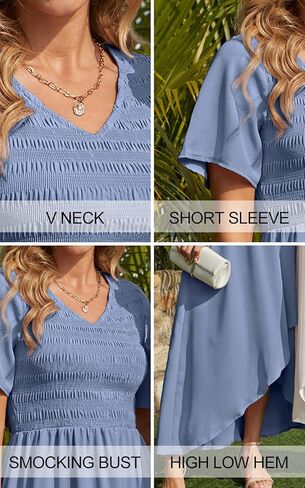 فستان Zattcas للسيدات 2023 طويل الأكمام بأكمام قصيرة ورقبة على شكل V كاجوال للصيف عالي ومنخفض فستان طويل متدفق in Kuwait