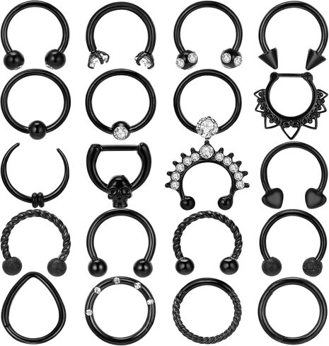 حلقات حاجز الانف من اوغفو، 20 قطعة 16 غرام، مجوهرات ثقب الانف، اقراط انف سوداء على شكل حدوة حصان، اقراط حلقية للانف والشفاه، للنساء والرجال، ستانلس ستيل، زركونيا مكعب, ستانلس ستيل, سي زد in Kuwait