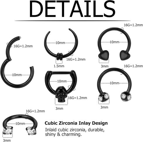 حلقات حاجز الانف من اوغفو، 20 قطعة 16 غرام، مجوهرات ثقب الانف، اقراط انف سوداء على شكل حدوة حصان، اقراط حلقية للانف والشفاه، للنساء والرجال، ستانلس ستيل، زركونيا مكعب, ستانلس ستيل, سي زد in Kuwait