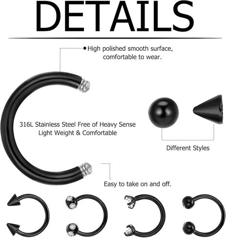 حلقات حاجز الانف من اوغفو، 20 قطعة 16 غرام، مجوهرات ثقب الانف، اقراط انف سوداء على شكل حدوة حصان، اقراط حلقية للانف والشفاه، للنساء والرجال، ستانلس ستيل، زركونيا مكعب, ستانلس ستيل, سي زد in Kuwait