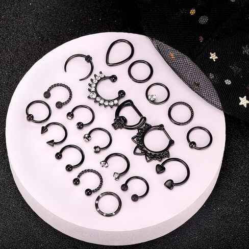 حلقات حاجز الانف من اوغفو، 20 قطعة 16 غرام، مجوهرات ثقب الانف، اقراط انف سوداء على شكل حدوة حصان، اقراط حلقية للانف والشفاه، للنساء والرجال، ستانلس ستيل، زركونيا مكعب, ستانلس ستيل, سي زد in Kuwait