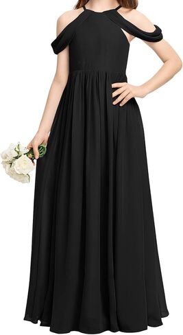 فستان Galawaqe للفتيات من الشيفون لوصيفة العروس الصغيرة بدون أكتاف طويل لحفلات الزفاف من 5 إلى 14 سنة in Kuwait