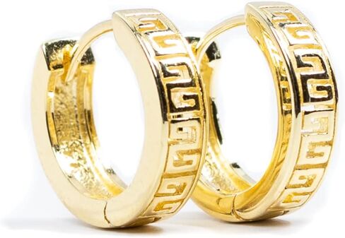 Men's Small Solid Yellow Gold 925 Sterling Silver Greek Key Hoop Earrings in Saudi Arabia