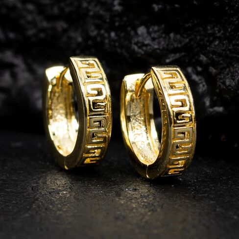 Men's Small Solid Yellow Gold 925 Sterling Silver Greek Key Hoop Earrings in Saudi Arabia