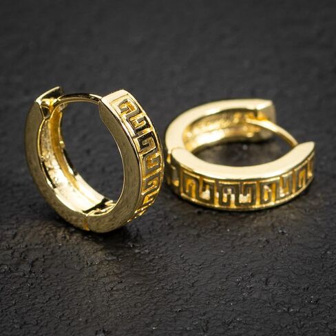 Men's Small Solid Yellow Gold 925 Sterling Silver Greek Key Hoop Earrings in Saudi Arabia