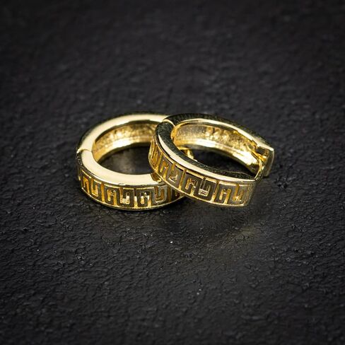 Men's Small Solid Yellow Gold 925 Sterling Silver Greek Key Hoop Earrings in Saudi Arabia