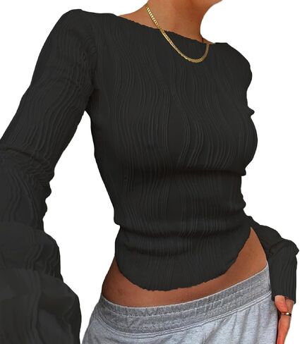 KMBANGI Women Sexy Slim Crop Shirt Long Sleeve Crewneck Fitted Tshirts Top Knit Cropped Tee Blouse Retro Streetwear in Saudi Arabia