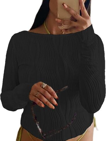 KMBANGI Women Sexy Slim Crop Shirt Long Sleeve Crewneck Fitted Tshirts Top Knit Cropped Tee Blouse Retro Streetwear in Saudi Arabia