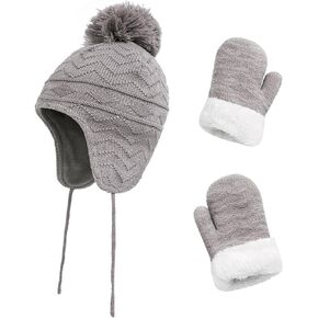 Toddler Winter Hat with Mittens Set - Baby Kids Warm Fleece Knit Beanie Hat & Thick Gloves Skiing Cap for Boys Girls