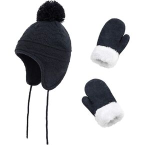 Toddler Winter Hat with Mittens Set - Baby Kids Warm Fleece Knit Beanie Hat & Thick Gloves Skiing Cap for Boys Girls in Kuwait