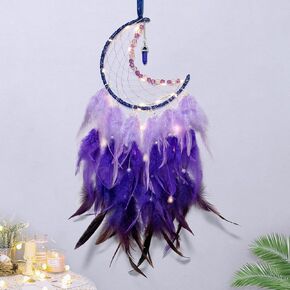Dremisland Moon Dream Catcher مع أضواء خرافية - ريشة ملونة مصنوعة يدويًا من الخرز قلادة تركواز محظوظ على الحائط لتزيين غرفة نوم الأطفال، هدية فنية حرفية. (الأرجواني والأسود)