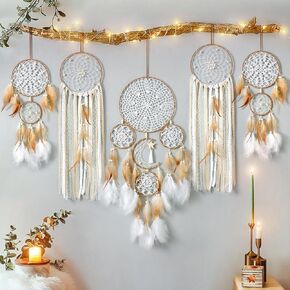 LOMOHOO 5 Pack Dream Catcher Moon and Sun Design Boho Wall Hanging Decor Handmade Traditional Feathers Dream Catchers for Kids Bedroom Living Home Decoration(Brown)