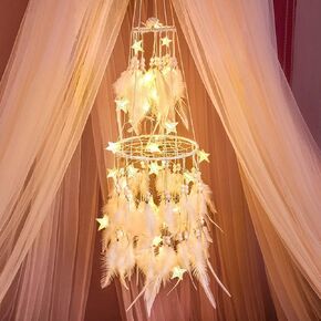 Dremisland Double Circle White Feather Dream Catcher with Mobile LED Fairy Lights Wall Hanging Ornaments Ceiling Decor for Bedroom Decor Wedding Decorations Boho Chic Party Nursery Decor (Black) in Kuwait