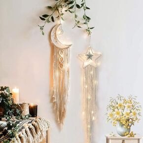 ديكور صائد الأحلام على شكل نجمة القمر، قطعتان من Boho Home Moon Star Dreamcatcher، جدار مكرمية معلق على شكل بوهو ديكور منزلي للأطفال ديكور غرفة نوم الأطفال للنساء والفتيات حرفية هدايا عيد الحب باللون الوردي