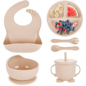 Silicone Baby Feeding Set|Baby Led Weaning Supplies Set|Suction Baby Plate Bowl Set with Bib Spoon Fork Sippy Cup|Baby Feeding Eating Supplies Set BPA Free
