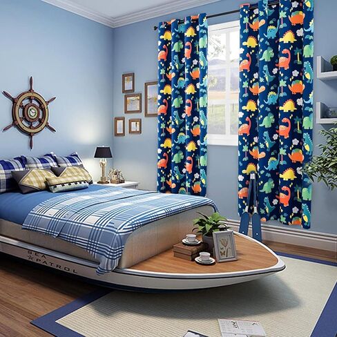 Sivio Kids Room Curtains, Grommet Top Printed Darkening Drapes for Bedroom, Nursery Living Room, Dinosaur Prints, Blue 52 x 84 Inch in Kuwait