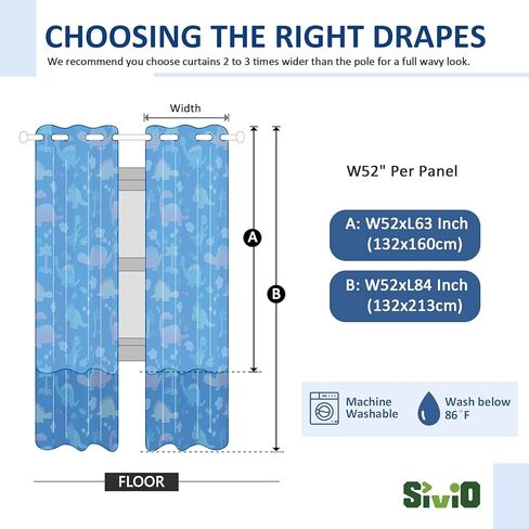 Sivio Kids Room Curtains, Grommet Top Printed Darkening Drapes for Bedroom, Nursery Living Room, Dinosaur Prints, Blue 52 x 84 Inch in Kuwait