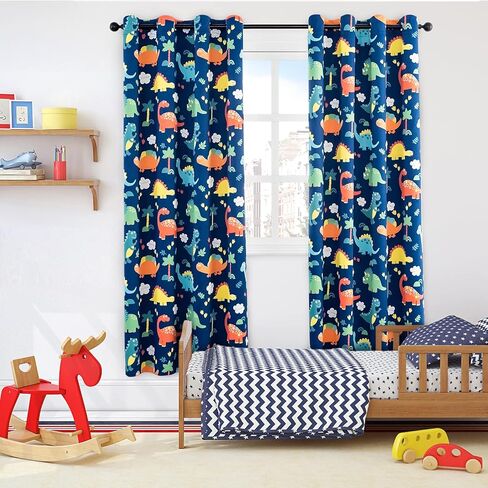 Sivio Kids Room Curtains, Grommet Top Printed Darkening Drapes for Bedroom, Nursery Living Room, Dinosaur Prints, Blue 52 x 84 Inch in Kuwait