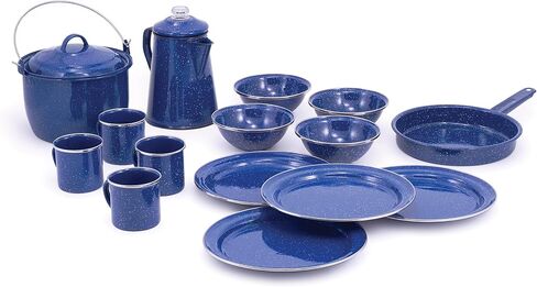 GSI Outdoors Camp Dinnerware Set I 4-Person Set Includes Pioneer Enamel Percolator, Frypan, Kettle, Bowls, Plates & Coffee Mugs in Saudi Arabia