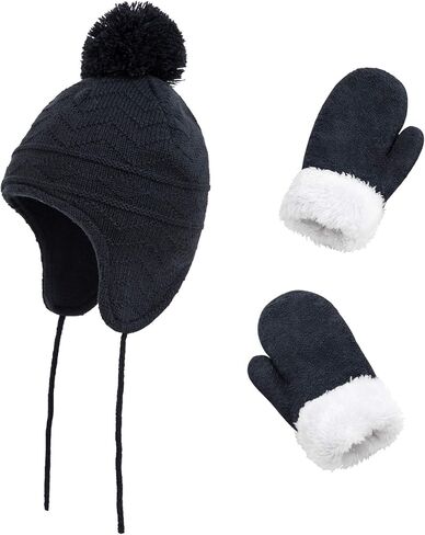 Toddler Winter Hat with Mittens Set - Baby Kids Warm Fleece Knit Beanie Hat & Thick Gloves Skiing Cap for Boys Girls in Kuwait