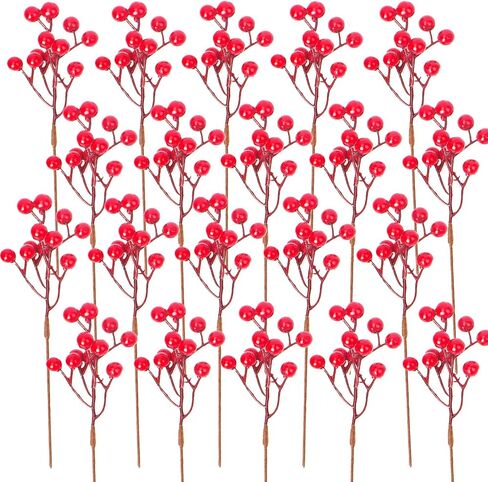 Grunyia 20 Pack Christmas Artificial Red Berry Stems Fake Holly Berry Pick for Christmas Tree Decorations DIY Crafts Xmas Ornaments Wedding Holiday Home Decor in Saudi Arabia