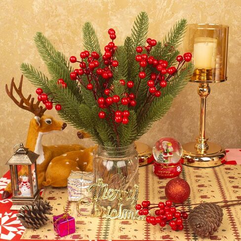 Grunyia 20 Pack Christmas Artificial Red Berry Stems Fake Holly Berry Pick for Christmas Tree Decorations DIY Crafts Xmas Ornaments Wedding Holiday Home Decor in Saudi Arabia