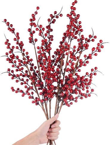 DearHouse 4 حزمة التوت الأحمر الاصطناعي ينبع التوت عيد الميلاد هولي لحرف عطلة المهرجان وديكور المنزل، 26 بوصة التوت العنابي الزهور زينة شجرة عيد الميلاد in Kuwait
