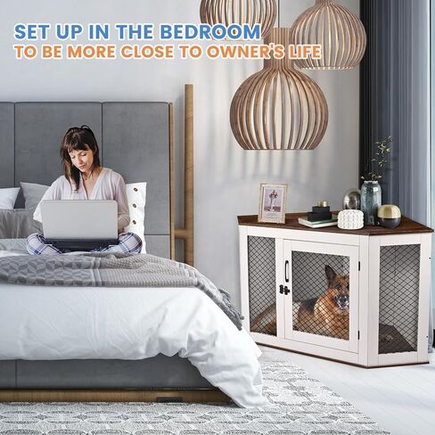 BOEASTER Corner Dog Crate Furniture, Wooden Dog Kennel End Table with Door Furniture Style Dog House Pet Crate Indoor Use for Small Dogs (L33.4 x W24.4 x H19.7in) in Kuwait