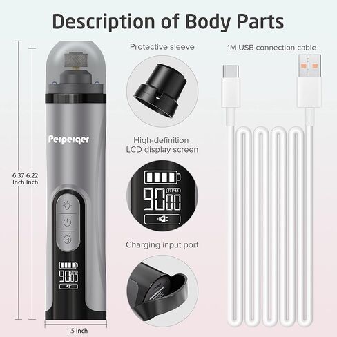 بيربيركر اداة تشذيب اظافر الكلاب والحيوانات الاليفة لسلالات الكلاب والقطط الصغيرة والمتوسطة والكبيرة، مجموعة ادوات كهربائية مطورة هادئة للعناية بالحيوانات الاليفة توفر 3 سرعات و2 مصباح LED و2 راس in Kuwait