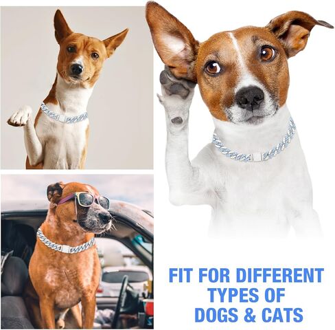 Dog Chain Silver Cuban Collars,Walking Silver Dog Metal Chain Choke Collar with Design Secure Buckle,Pet Cuban Crystal Collar Necklace Accessories for Small Medium Dogs Cats (Sliver-Pink, 10inch) in Kuwait