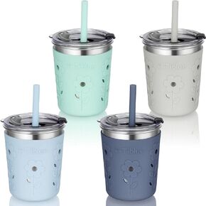 Tiblue Kids & Toddler Cups - Spill Proof Stainless Steel Smoothie Tumblers with Leak Proof Lids, Silicone Straw with Stopper & Sleeve - BPA FREE Snack Cup for Baby Girls Boys(4 Pack, 8oz Multicolor)