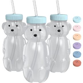 Honey Bear Straw Cup for Babies, 8-oz Honey Bear Cup with Lid, 3-Pack Therapy Learning Honeybear Straw Cup, Baby Honey Bear Bottle Set, Blizzard AQUA