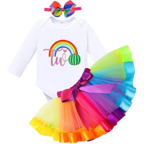 ODASDO Baby Girl Rainbow 1st 2nd 3rd Birthday Cake Smash Outfit Long Sleeve Romper Tutu Skirt Headband Set in Kuwait