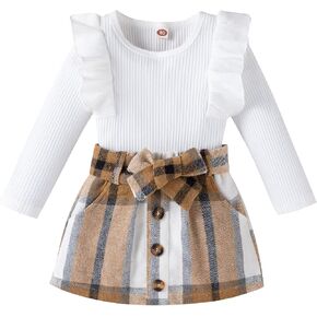 Yccutest Toddler Baby Girl Skirt Outfit Long Sleeve Ruffle Shirt Top Mini Skirt Set 2Pcs Kids Little Girl Clothes Fall Winter in Kuwait